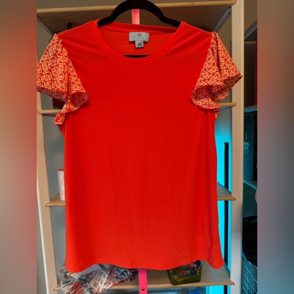 CeCe Vibrant Red Ruffle Sleeve Tee NWT size Medium